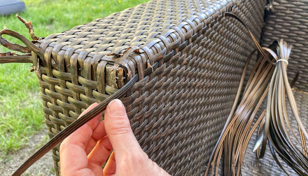 replacement reed being woven into the arm of a wicker outdoor sofa to repair it