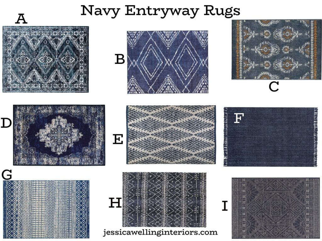 Navy Entryway Rugs: collection of 9 different entryway rugs with modern Boho patterns