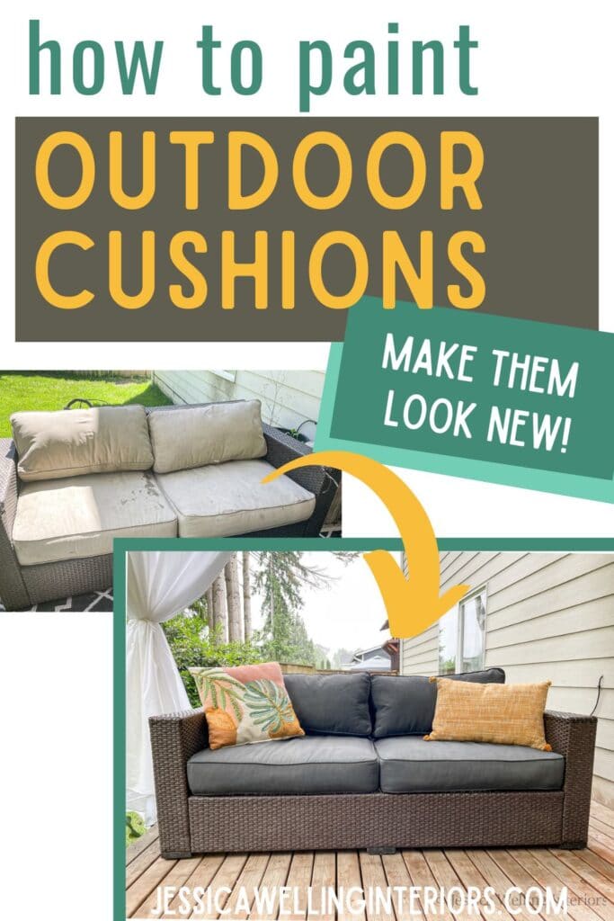 How to Paint Outdoor Cushions: before and after photos of an outdoor sofa with painted cushions