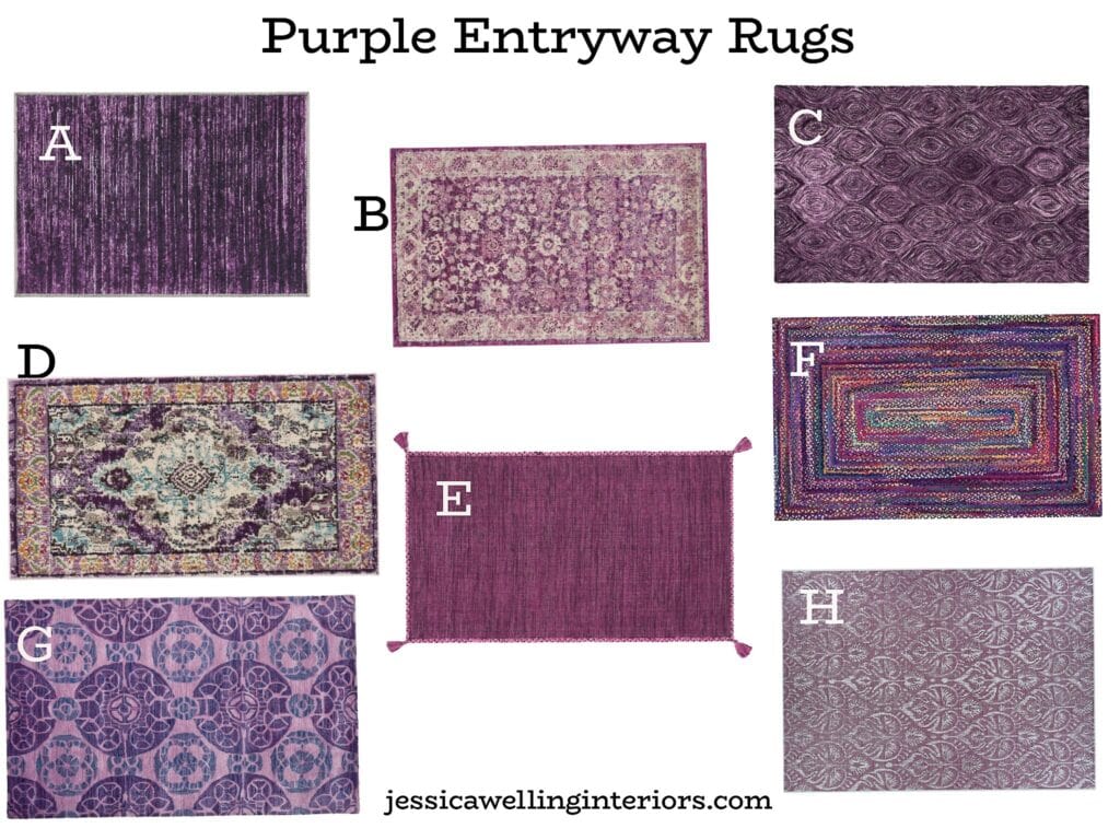 Purple Entryway Rugs: collage of 8 2x3 and 3x5 rugs in purple, lilac, violet, and plum
