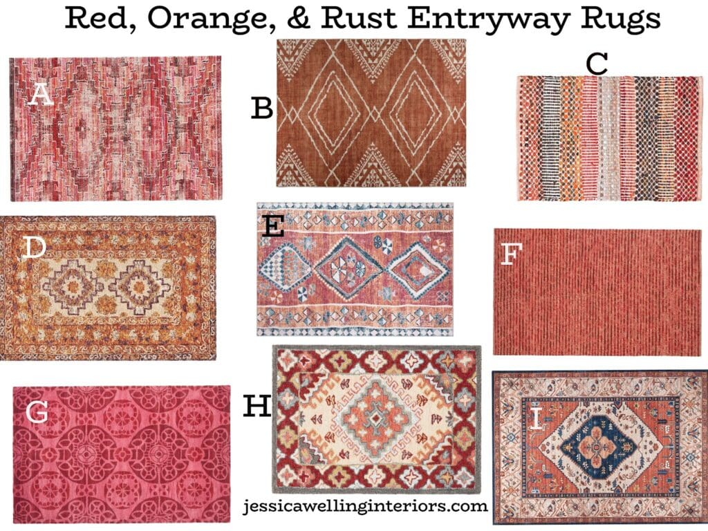 Red, Orange, & Rust Entryway Rugs: collage of 9 different small entryway rugs with modern and Boho prints