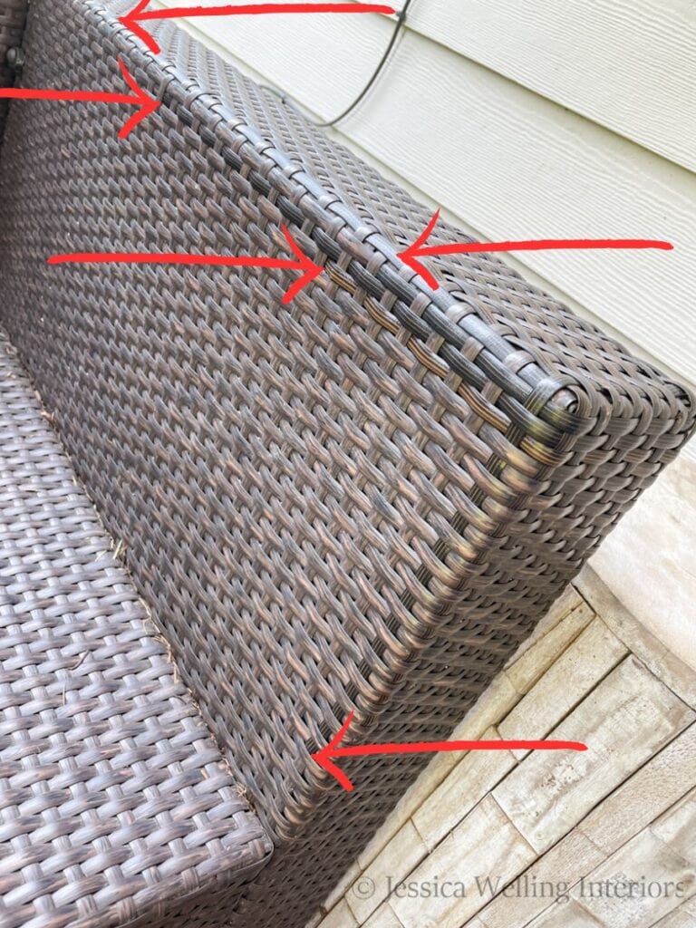 repaired arm of an outdoor sofa with arrows showing where the reeds end