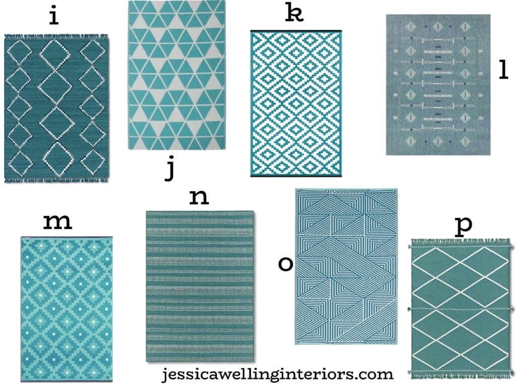 collage of inexpensive teal outdoor rugs