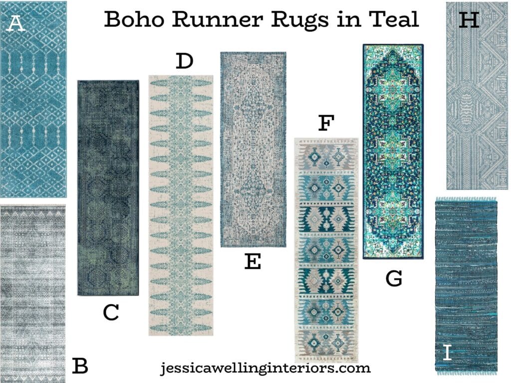 Boho Runner Rugs in Teal: collage of teal runner rugs