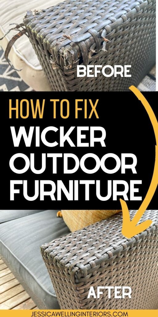 How to Fix Wicker Outdoor Furniture: before and after photos of a damaged wicker outdoor sofa arm