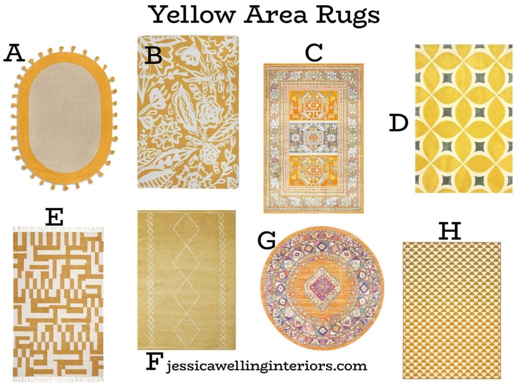 Yellow Area Rugs: collage of 8 modern boho rugs in yellow with Moroccan and tribal patterns