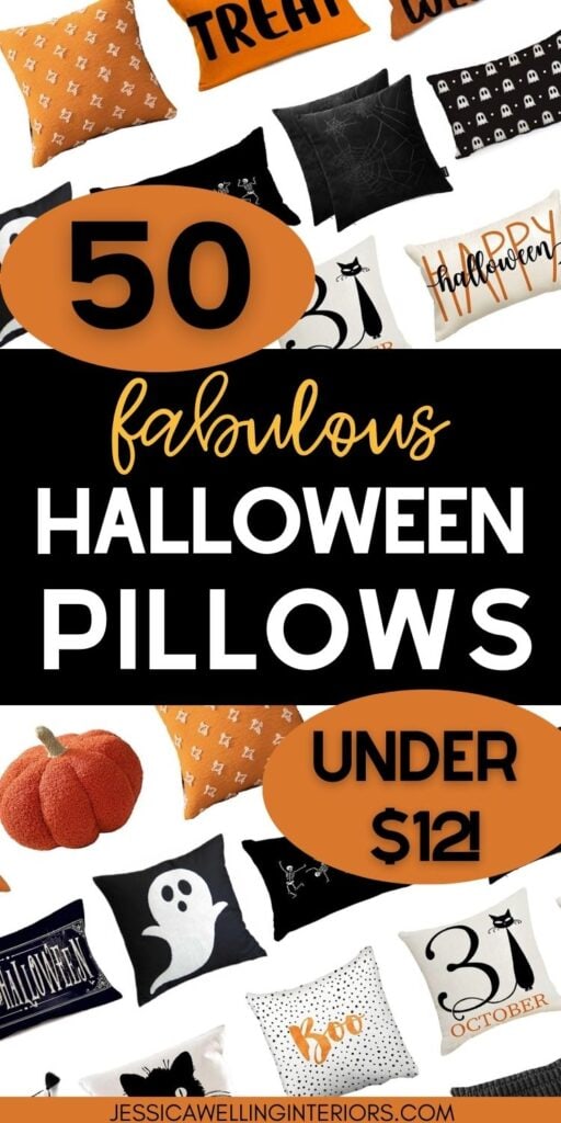 50 Fabulous Halloween Pillows Under $12: collage of Halloween pillow covers and pillows with ghosts, skeletons, pumpkins, black cats, ghouls, bats, and spiderwebs