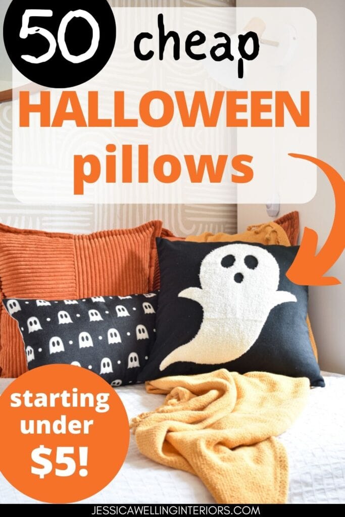 50 Cheap Halloween Pillows bed with orange and black pillows, a throw blanket, and a black and white ghost pillow for Halloween