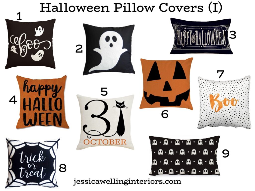Halloween Pillow Covers I: collage of cheap Halloween pillows with jack-o-lanterns, black cats, ghosts, and spiderwebs,