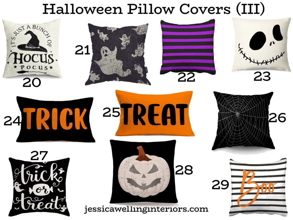 Halloween Pillow Covers III: collage of pillow covers for halloween home decor in black white and orange
