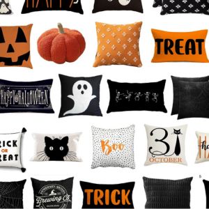 collage of Halloween pillow covers iwht ghosts, bats, spiderwebs, pumpkins, etc.