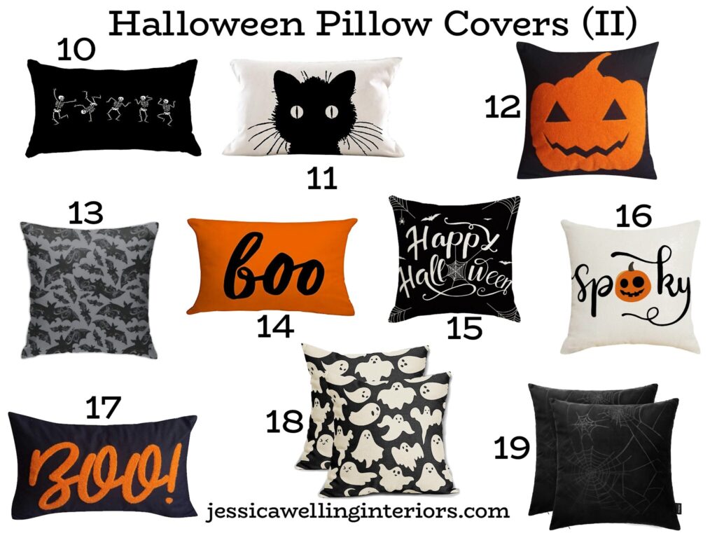 Halloween Pillow Covers II: collection of black, white and orange pillow covers with bats, skeletons, pumpkins, and ghosts