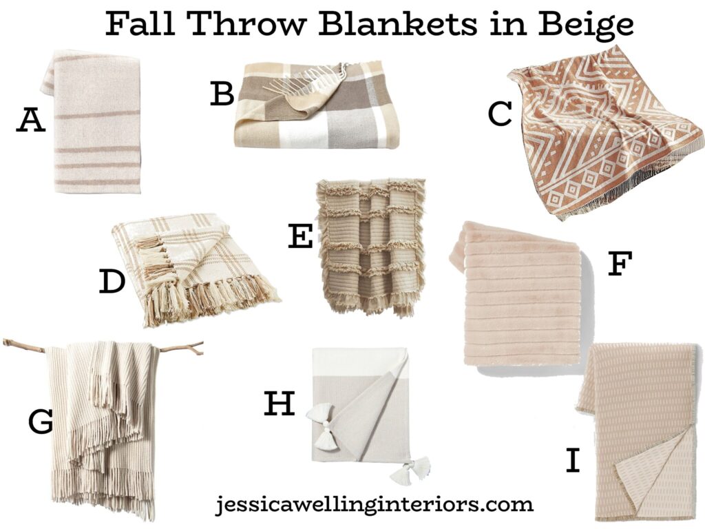 Fall Throw Blankets in Beige: collage of Boho blankets with Tassels, chenille, knit, etc.