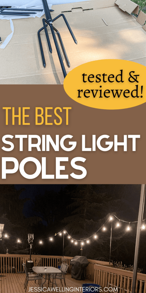 The Best String Light Poles: Tested & Reviewed close-up of the end of a fork-style string light pole and deck with deck railing string light poles