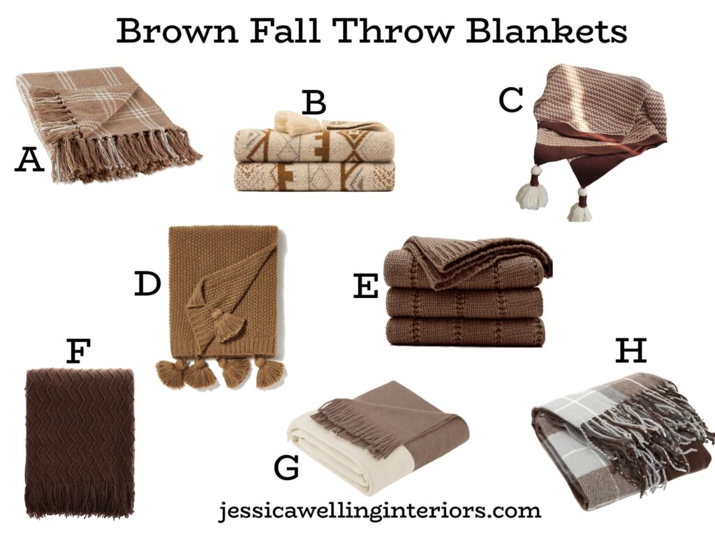 Brown Fall Throw Blankets: collage of Fall blankets in brown with modern Boho designs