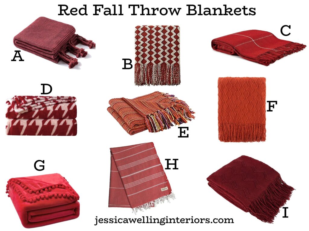 Red Fall Throw Blankets: collage of inexpensive red throw blankets for Fall with cozy plaid, knit, woven, cable knit, and chenille textures