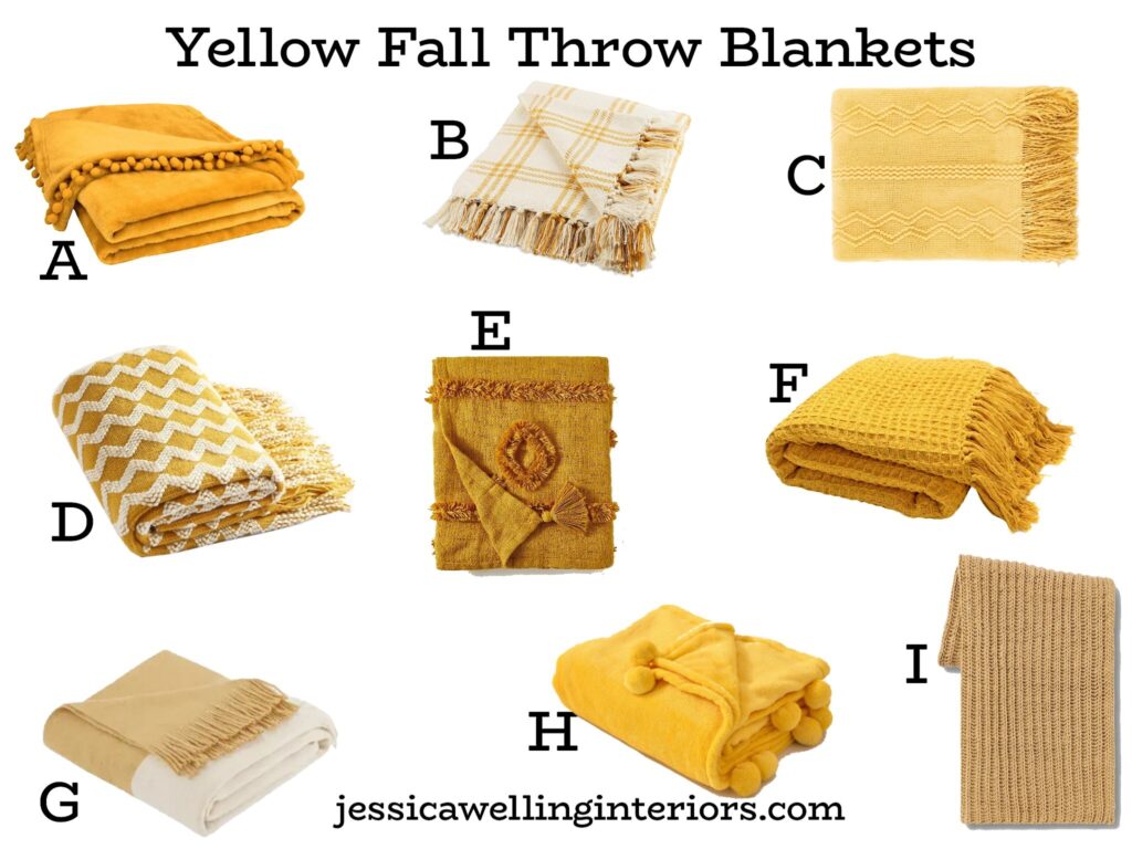 yellow throw blankets for Fall in mustard, white, yellow, and cream. The blankets have tassels, fringe, herringbone, and cozy textures