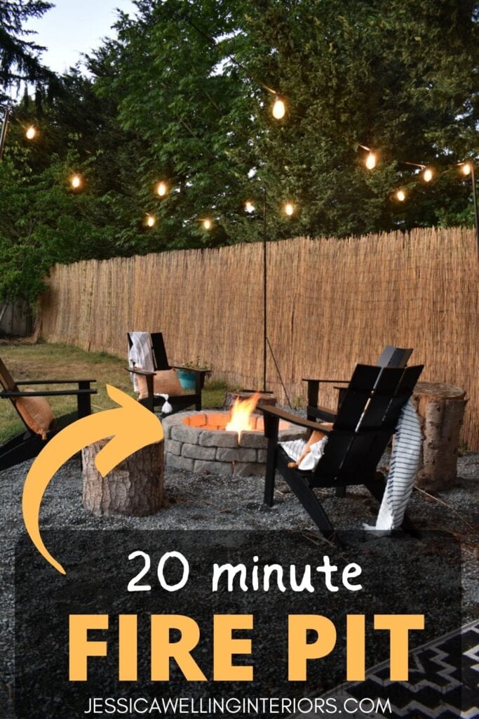 20 Minute Fire Pit fire burning in a backyard fire pit with chairs around it