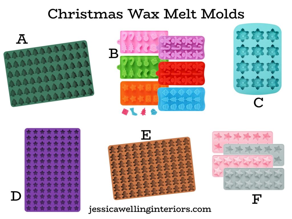 Christmas Wax Melt Molds: collage of silicone wax molds in Christmas trees, snowflakes, stars, gingerbread men, santas, etc.