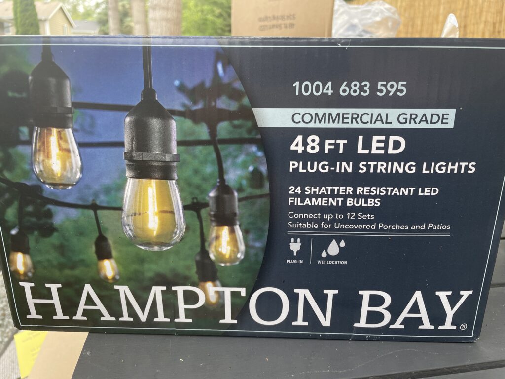 box of Hampton Bay LED string lights from Home Depot