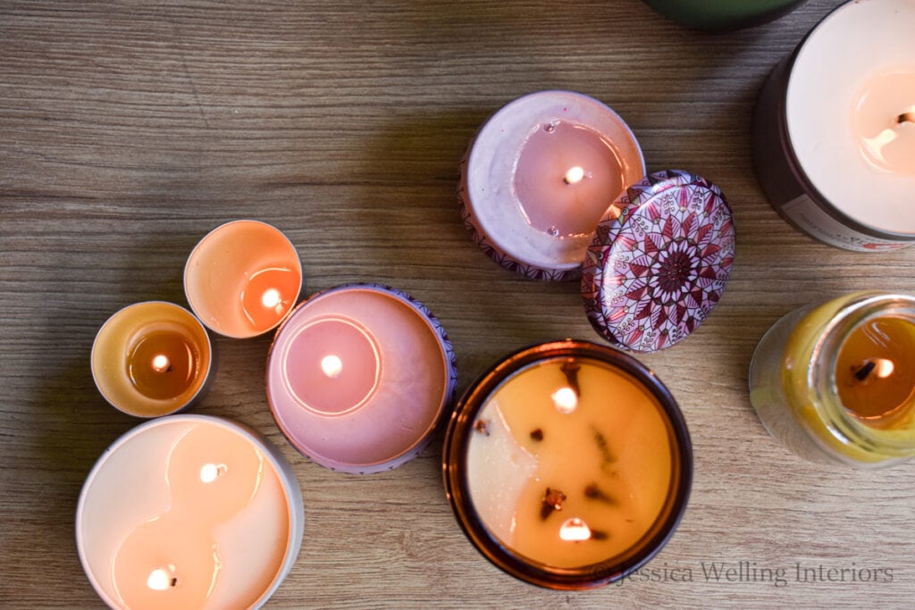 overhead view of a variety of DIY scented candles