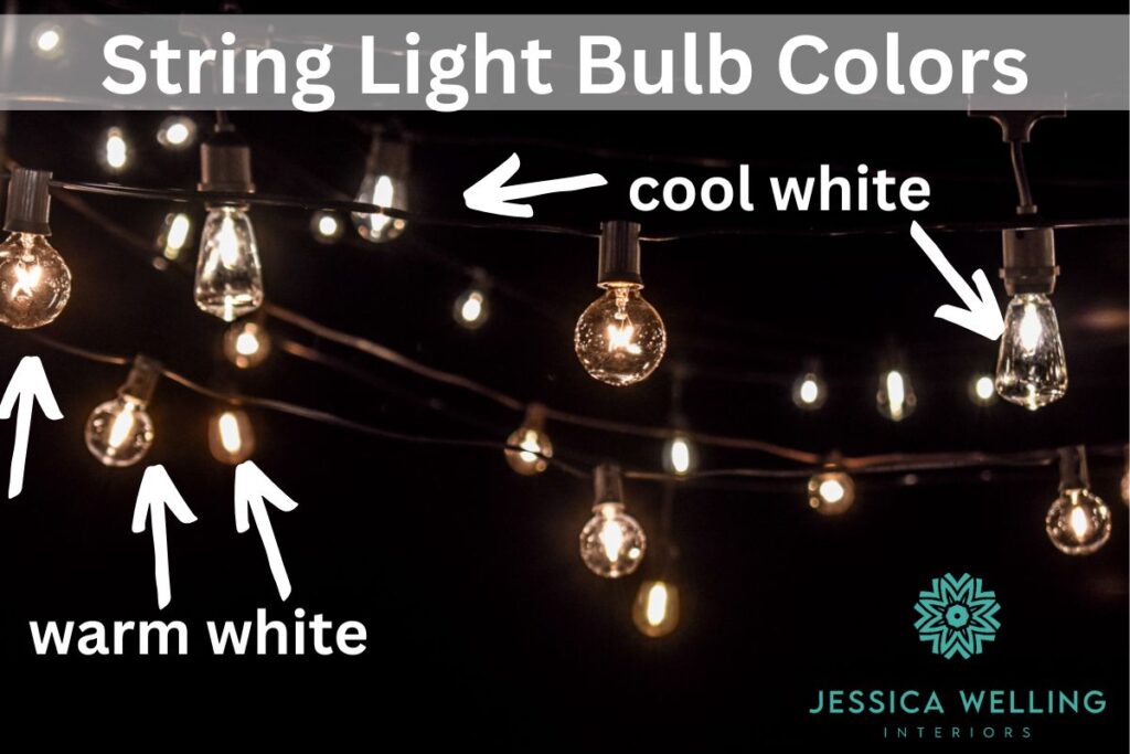 String Light Bulb Colors: variety of glowing string lights with arrows pointing to the warmer white and cool white bulbs