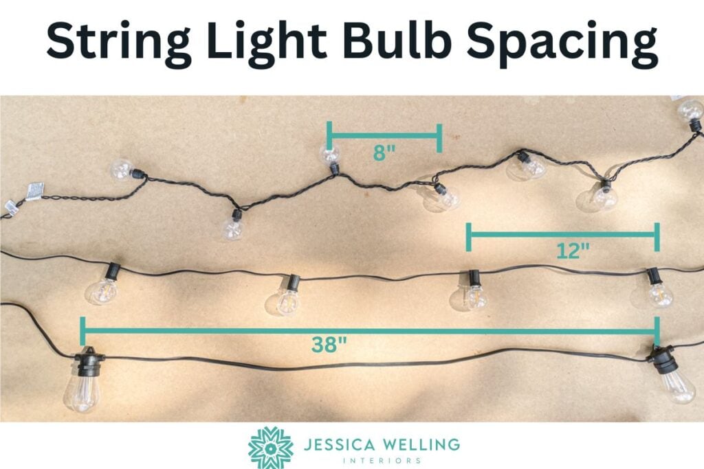 String Light Bulb Spacing: three different strands of string lights laid out, with lines showing the distance between the bulbs on each strand