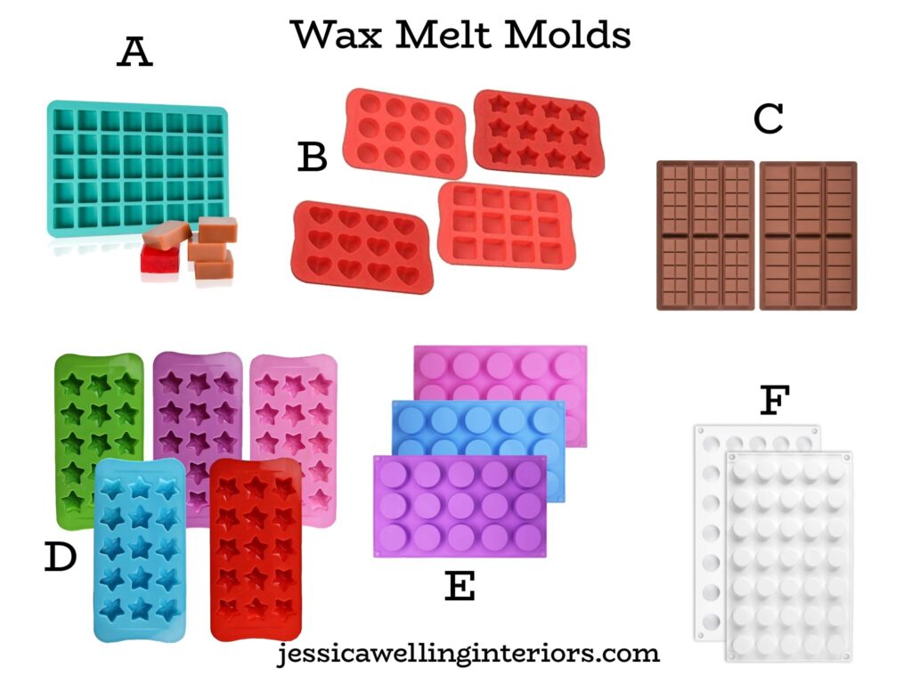 Wax Melt Molds: a variety of silicone wax molds in squares, circles, stars, hearts, etc.