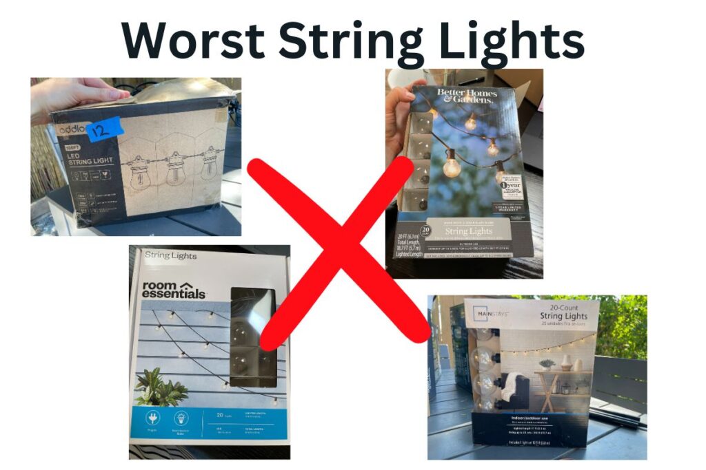 Worst String Lights: 4 photos of string light boxes with a red X