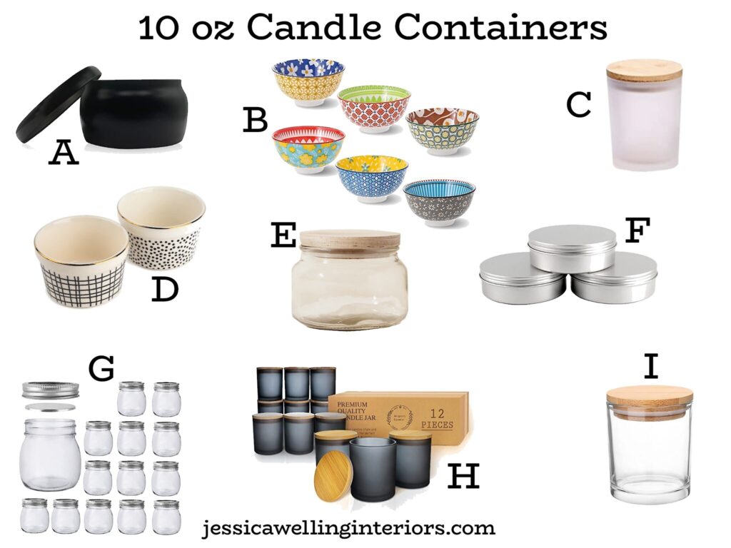 10 oz candle containers: collage of 9 candle tins and candle jars available online