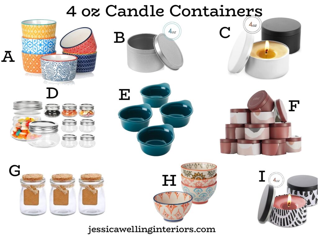 4 oz Candle Containers: collage of 4 ounce candle jars, tins, and ramekins