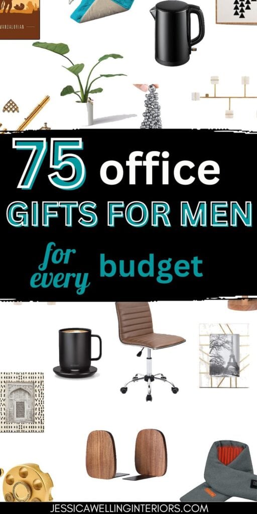 75 Office Gifts for Men for Every Budget: collage of office gift ideas- picture frames, desk chairs, desks, artificial plants, and desk toys