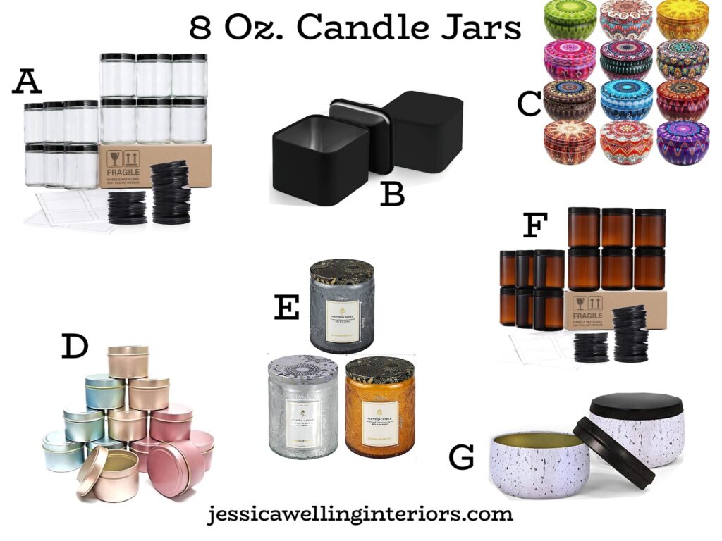 8 Oz. Candle Jars: collage of DIY candle containers including jars and tins
