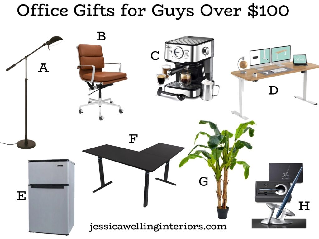 Office Gifts for Guys Over $100: collage of office gift ideas- desks, mini fridges, task chairs, lamps, etc.