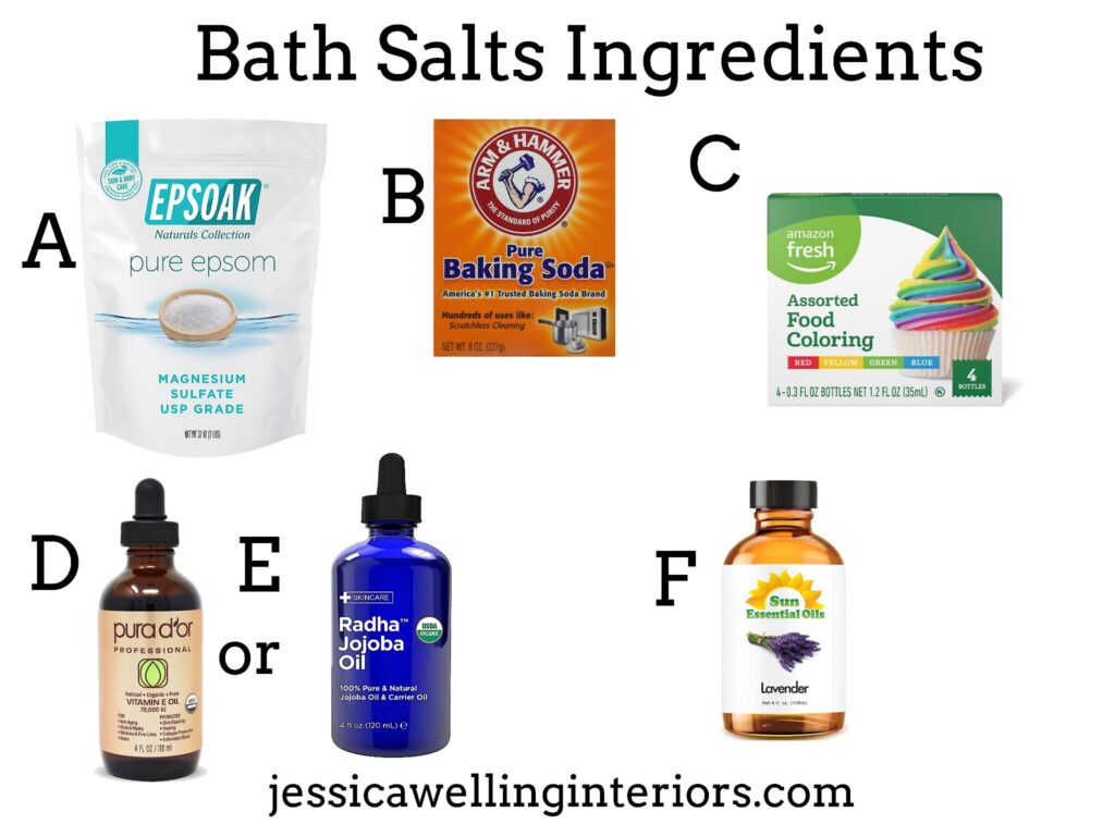 Bath Salt Ingredients: collage of ingredients for homemade bath salts including epsom salt, baking soda, and essential oils
