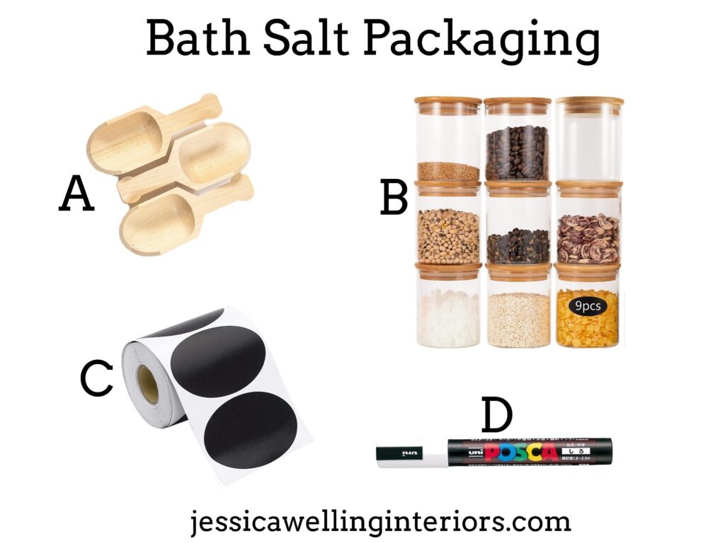 Bath Salt Packaging: collage of glass jars, wood scoops, and chalkboard sticker labels