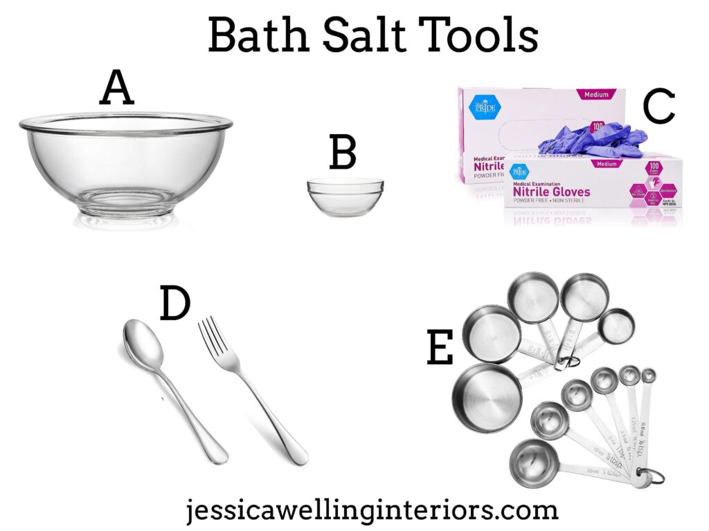 Bath Salt Tools: collage of kitchen tools needed to make homemade bath salts, including mixing bowls, measuring cups, and nitrile gloves