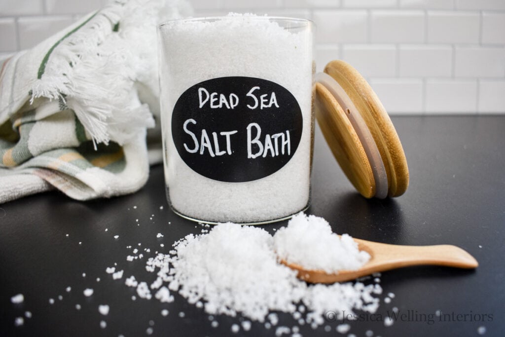 jar of Dead Sea Salt Bath on a countertop