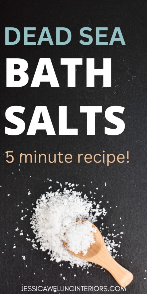 Dead Sea Bath Salts; 5 minute recipe overhead view of homemade Dead Sea bath salts with a wood scoop