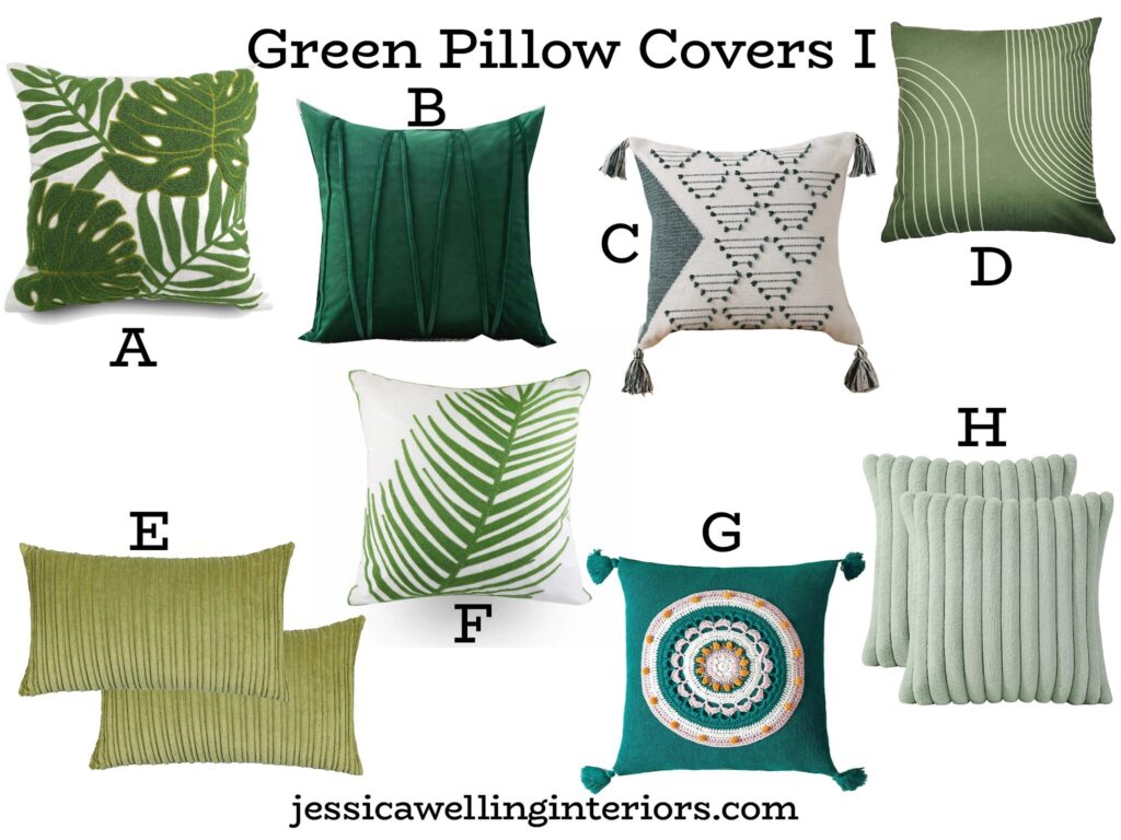 Green Pillow Covers: collage of 8 different inexpensive Boho throw pillow covers with tassels, embroidery, tufting, corduroy, etc. 