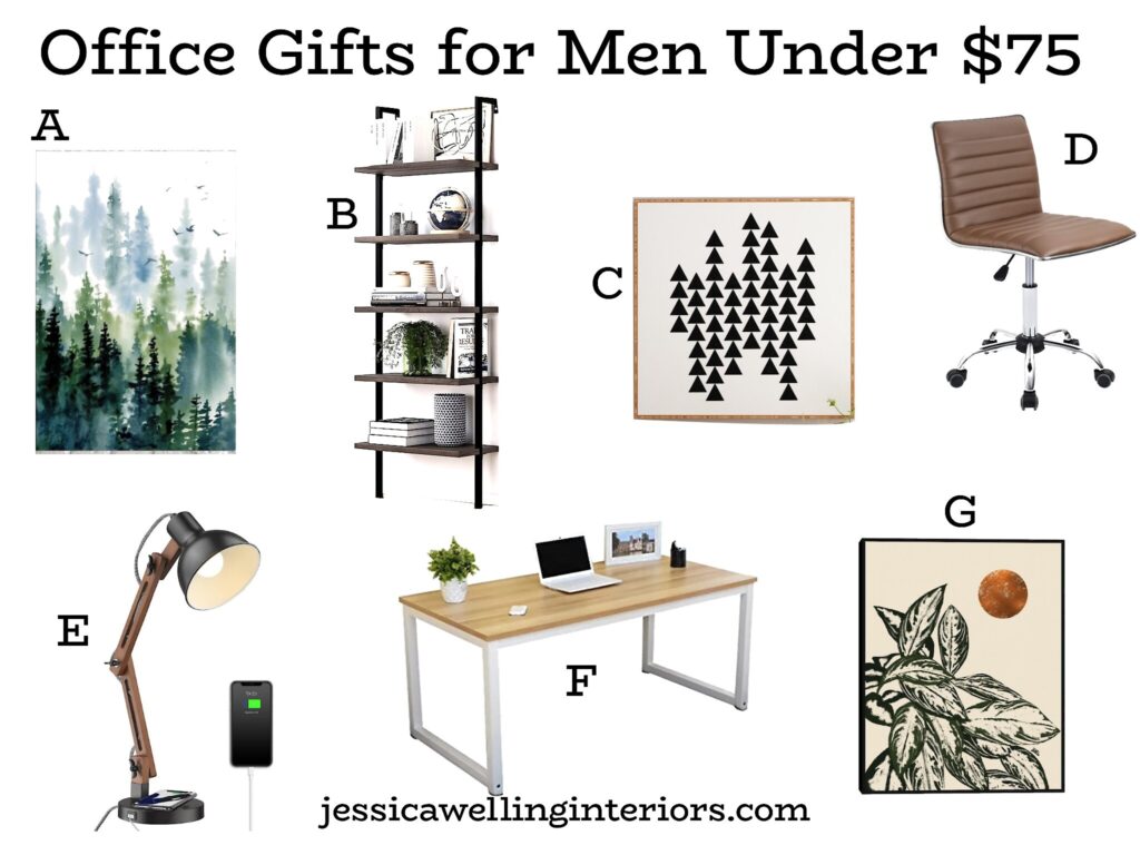 Office Gifts for Men Under $75: collage of the best gift ideas for men- office furniture, wall art, desk lamps, task chairs, etc.