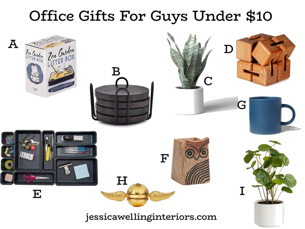 Office Gifts for Guys Under $10: collage of office gifts under $10 for men- wall calendar, mug, coasters, artificial plant, pencil cup & zen garden