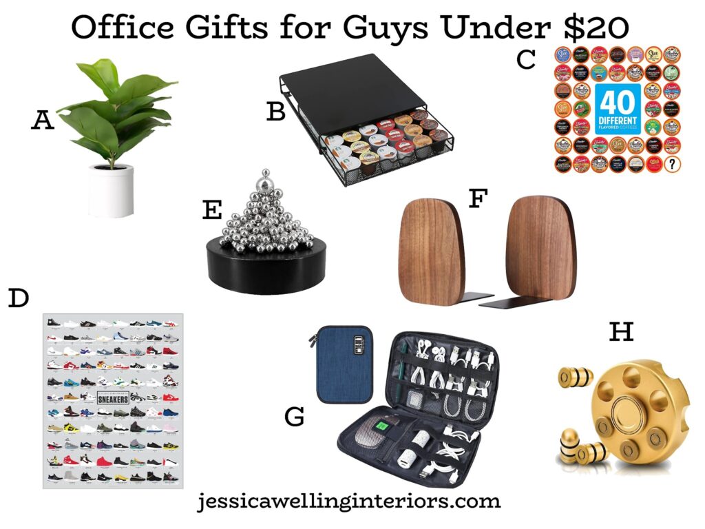 Office Gifts for Guys Under $20: collage of the best office gifts for male coworkers