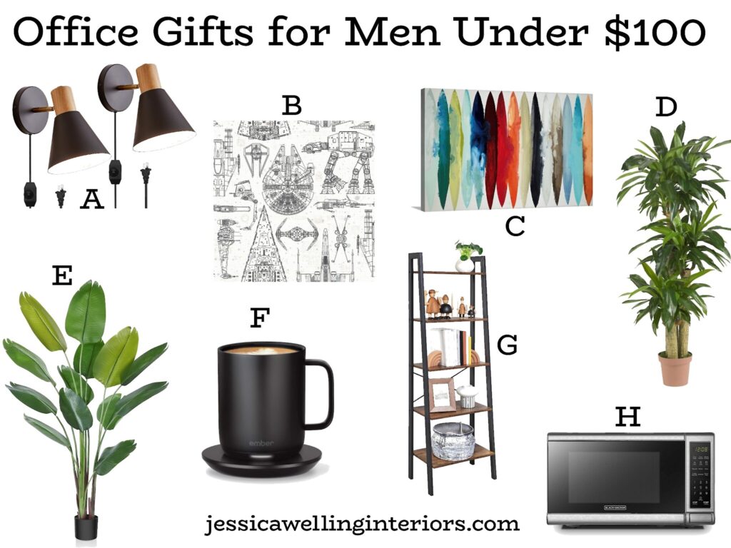 Office Gifts for Men Under $100: collage of office gifts from lamps to wall art, wallpaper, mugs, microwaves, etc.