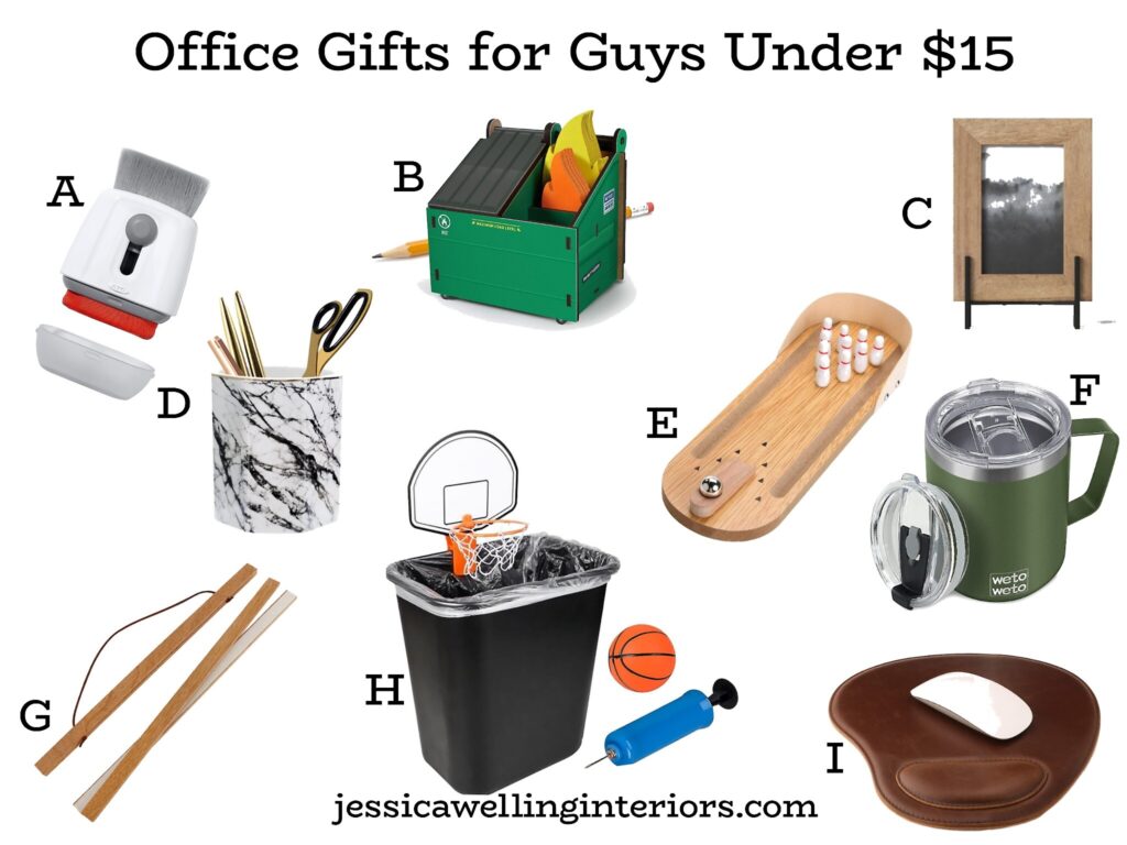 Office Gifts for Guys Under $15: collage of inexpensive home office gifts for guys all under $15