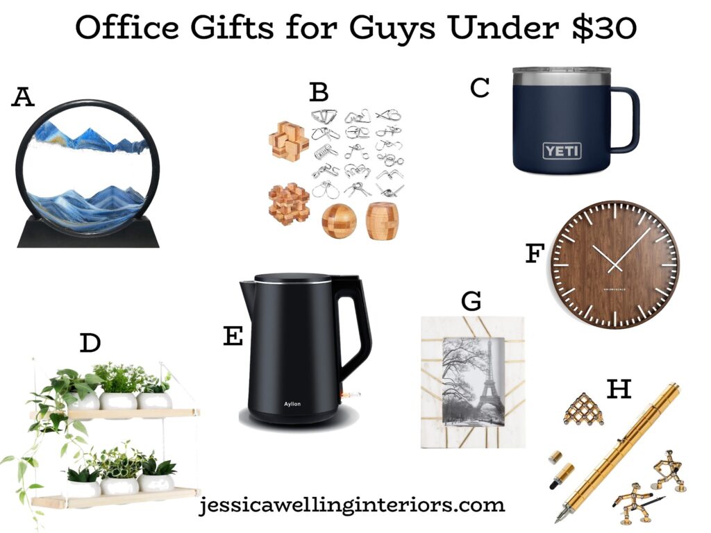 Office Gifts for Guys Under $30: collage of gifts for guys under $30 for the home office- a wall clock, fidget toys, Yeti mug, plant hangers, picture frame, etc. 