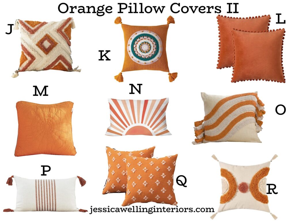 Orange Boho Pillow Covers: collage of modern inexpensive pillow covers in orange