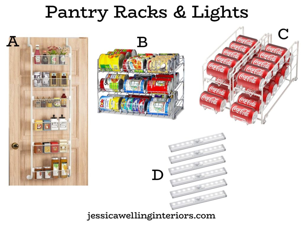 Pantry Racks & Lights: collage of pantry organizers including can racks and a back-of-the-door pantry organizer