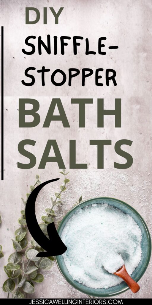 DIY Sniffle-Stopper Bath Salts: bowl of homemade bath salts next to a sprig of eucalyptus