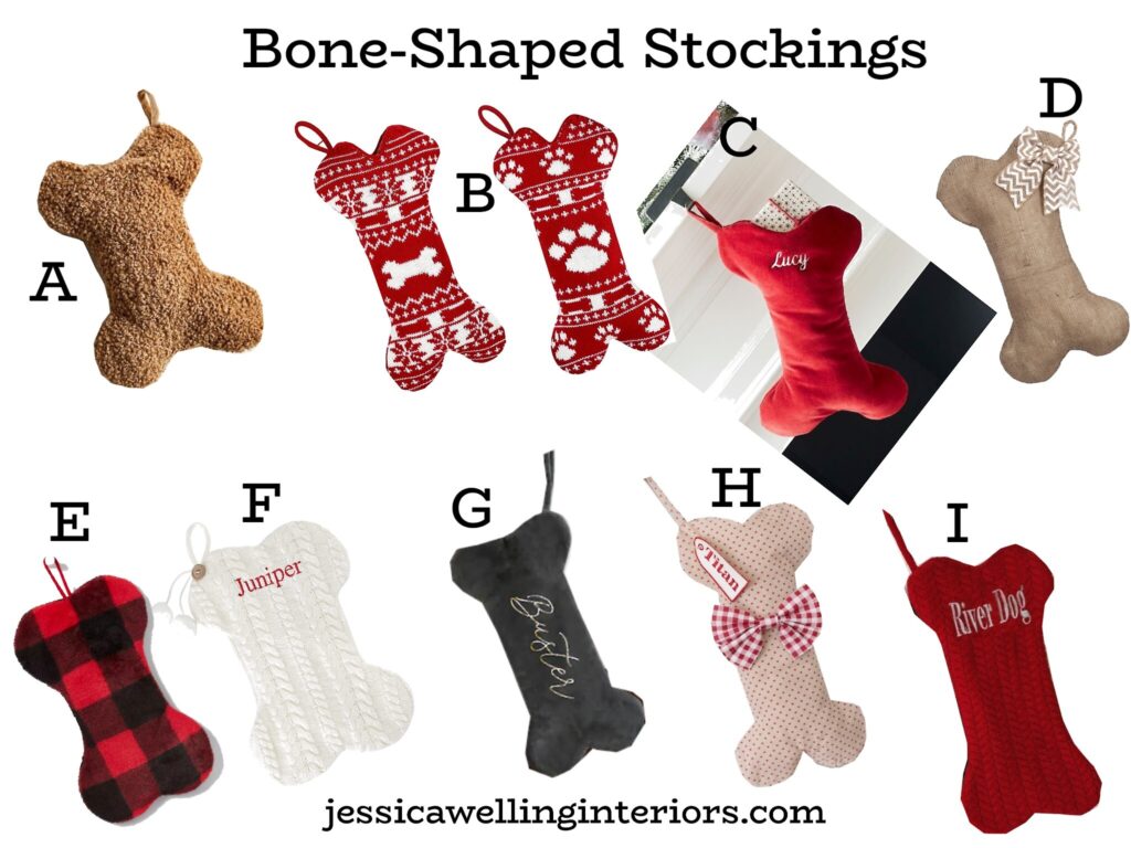 Bone-Shaped Stockings; collage of dog bone Christmas stockings